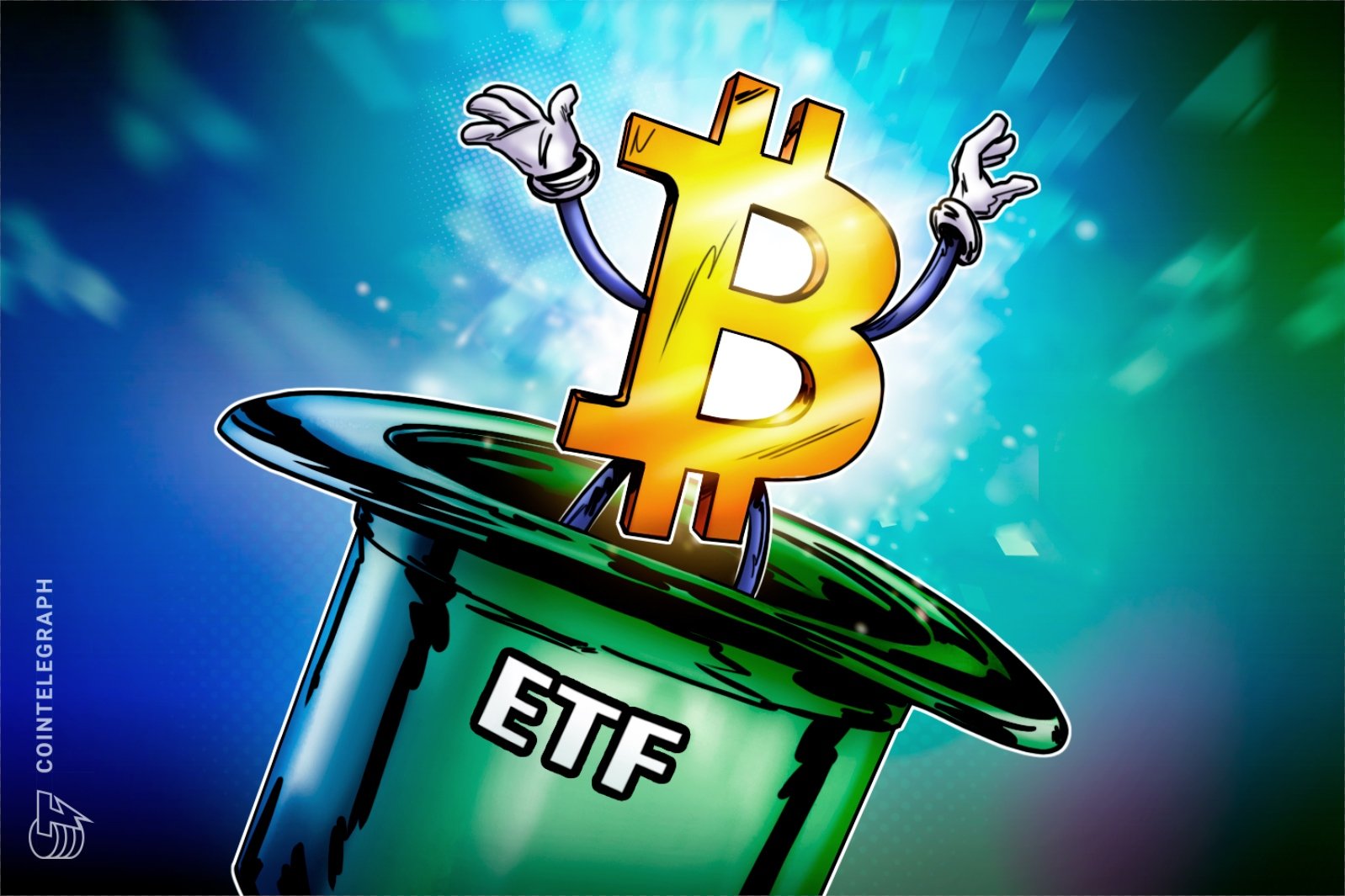 Cointelegraph illustration showing an animated gold Bitcoin character popping out of a green top hat labeled "ETF" against a blue background.