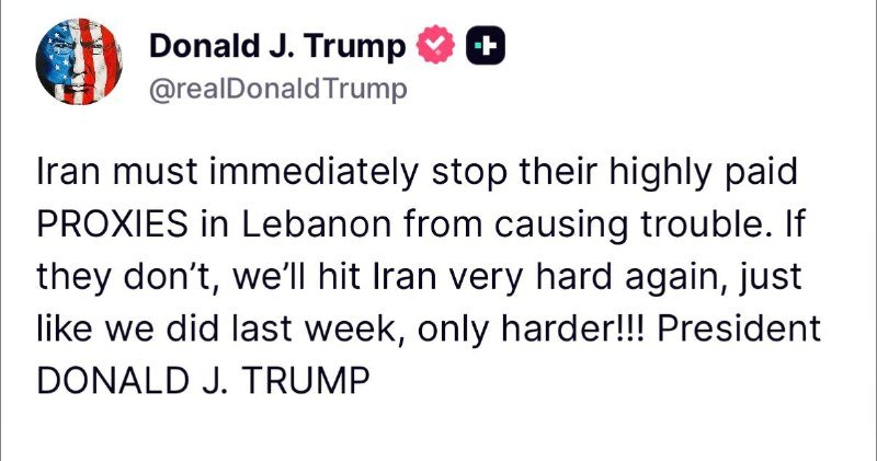 A social media post from Donald J. Trump (@realDonaldTrump) featuring a profile image styled with the American flag and a verified badge, containing a text statement directed at Iran.