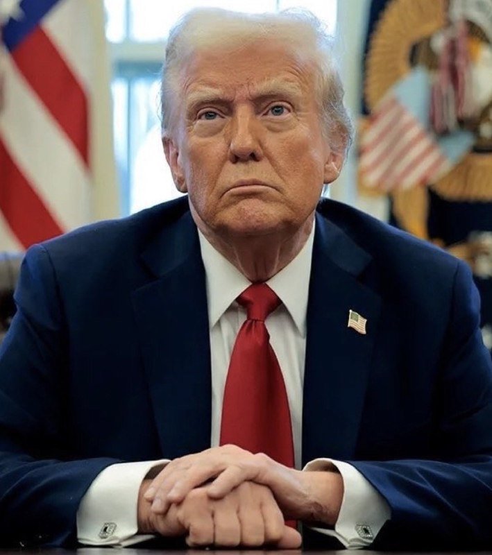 This image appears to be an AI-generated illustration rather than a photograph. It depicts a man resembling Donald Trump seated at a desk with an American flag and presidential seal in the background.