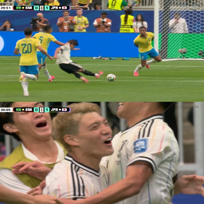 A soccer match shows players in yellow jerseys and a player in white shooting the ball, followed by white-jerseyed players celebrating together with the scoreboard displaying "BRA 0 JPN 1."