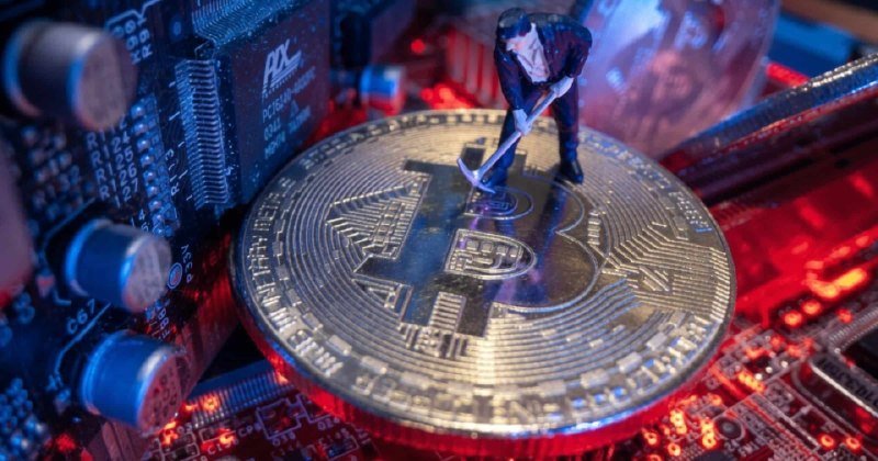A miniature figurine of a miner stands atop a large silver Bitcoin token placed on a circuit board with red and blue lighting.