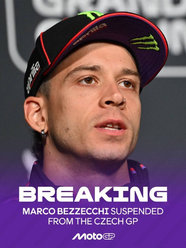 Breaking news graphic showing a young man in an Aprilia cap with text reading "Marco Bezzecchi suspended from the Czech GP" and the MotoGP logo.