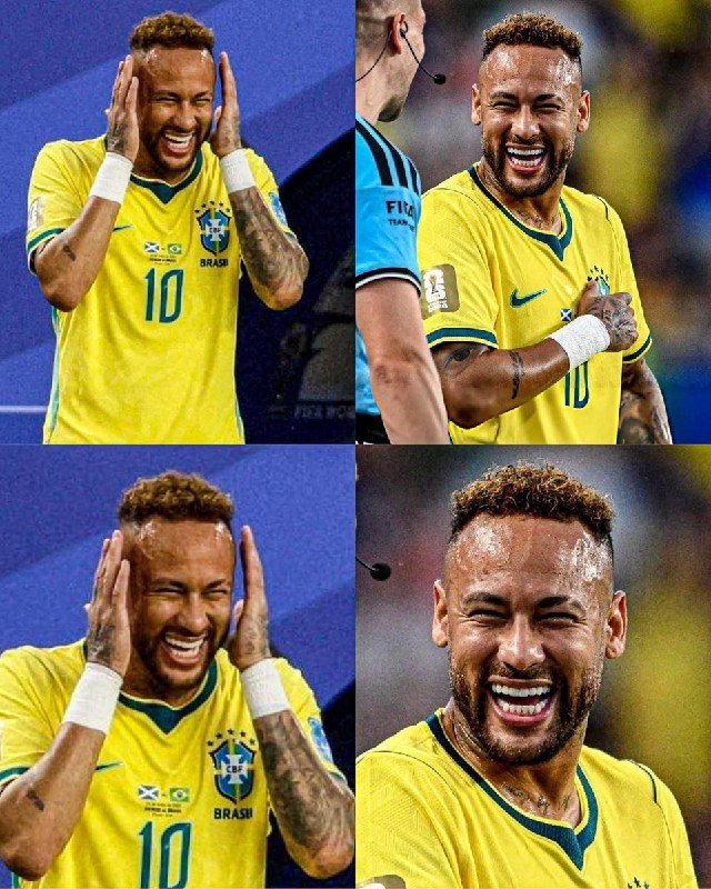 A composite image shows four photos of a soccer player in a yellow Brazil #10 jersey laughing and smiling, with a referee visible in one frame.
