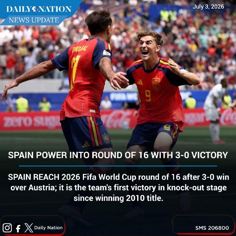 Two soccer players in red jerseys (numbers 17 and 9) celebrate on a crowded stadium field in a "Daily Nation" news graphic dated July 3, 2026.