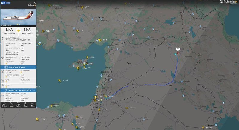 A digital flight-tracking map displays a route with a blue line and airplane icon over the Middle East, alongside a sidebar showing aircraft details and weather data.