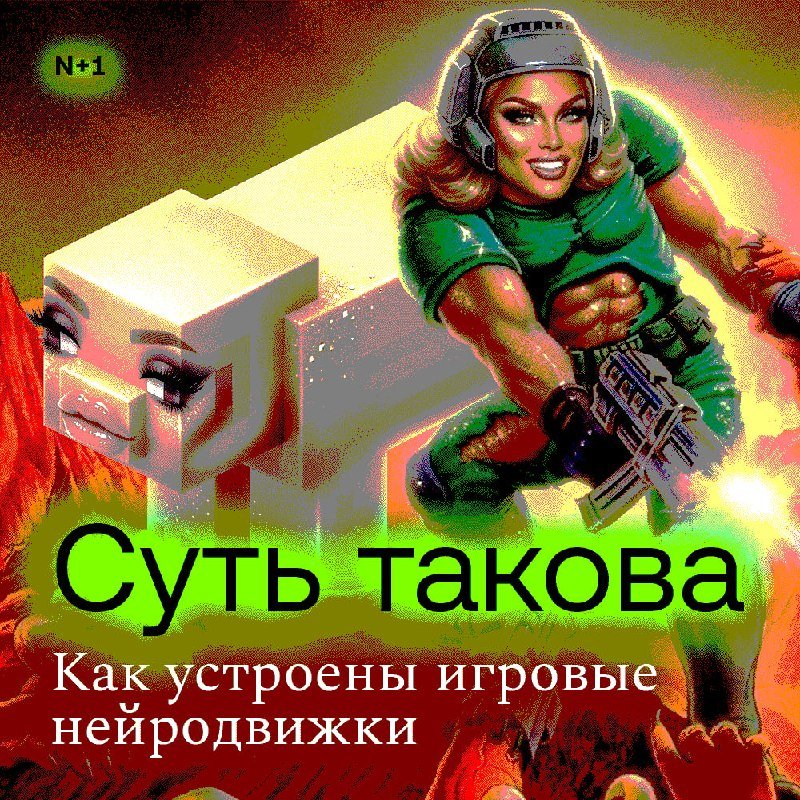 Illustration of a helmeted soldier with a gun beside a large character, with Russian text reading "Суть такова: Как устроены игровые нейродвижки."
