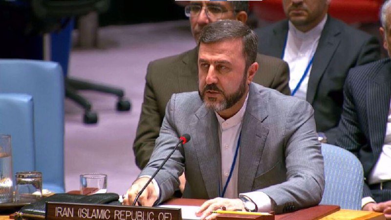A bearded man in a gray suit speaks at a microphone behind a desk labeled "IRAN (ISLAMIC REPUBLIC OF)" in a formal meeting setting.