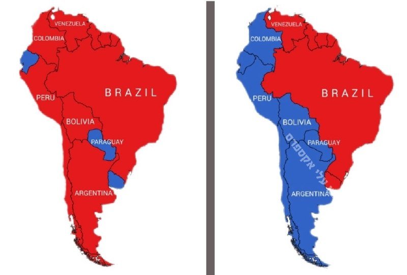 Two illustrated South America maps are shown side by side, with countries colored red or blue to compare regional differences in voting results.