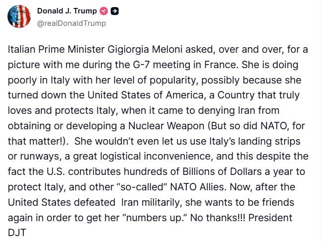 A social media post from Donald J. Trump (@realDonaldTrump) criticizing Italian Prime Minister Giorgia Meloni regarding Italy's policies, NATO contributions, and Iran.