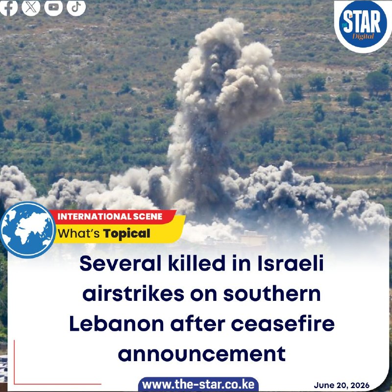 Israeli helicopters operating over the Ali al-Taher heights and the town of Nabatieh El-Faouqah in southern Lebanon, 20 June 2026.