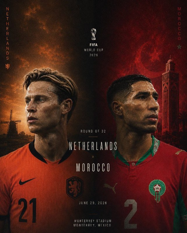 Promotional graphic for the FIFA World Cup 2026 Round of 32 match between Netherlands and Morocco on June 29, 2026, at Monterrey Stadium, featuring two players in team jerseys against orange and red backgrounds.