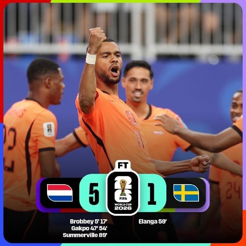Players in orange jerseys celebrate on a football pitch, with a graphic showing a 5-1 final score between the Netherlands and Sweden in a 2026 FIFA World Cup qualifier.