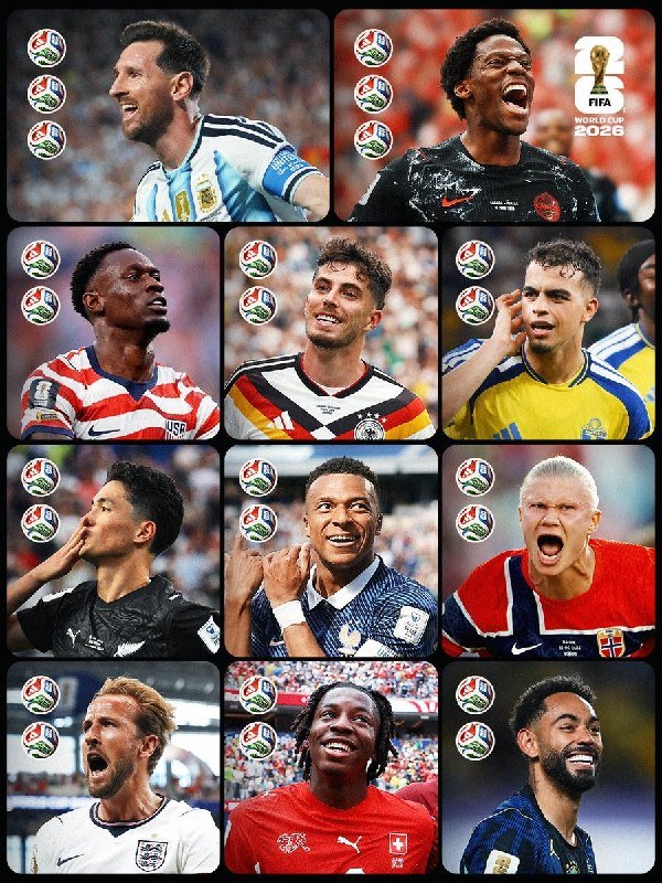 A FIFA World Cup 2026 promotional graphic featuring a grid of twelve soccer players in various national team jerseys, each making celebratory expressions, with tournament logos displayed in the corners.
