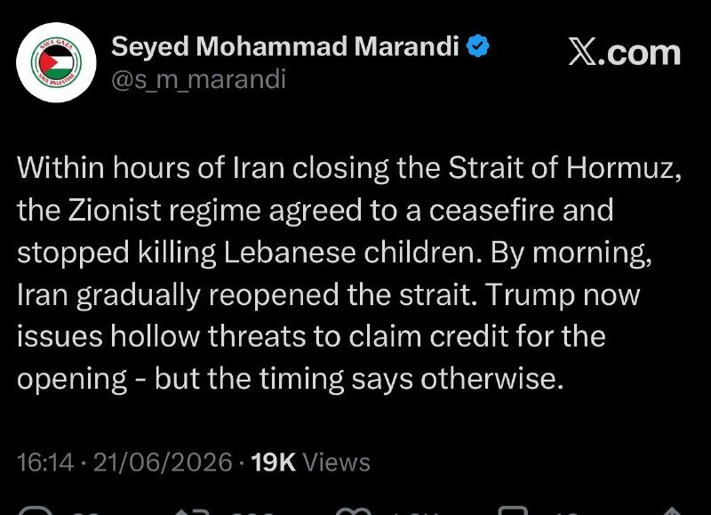 A screenshot of an X.com post by verified user Seyed Mohammad Marandi (@s_m_marandi) comments on Iran's alleged closure of the Strait of Hormuz and a subsequent ceasefire.