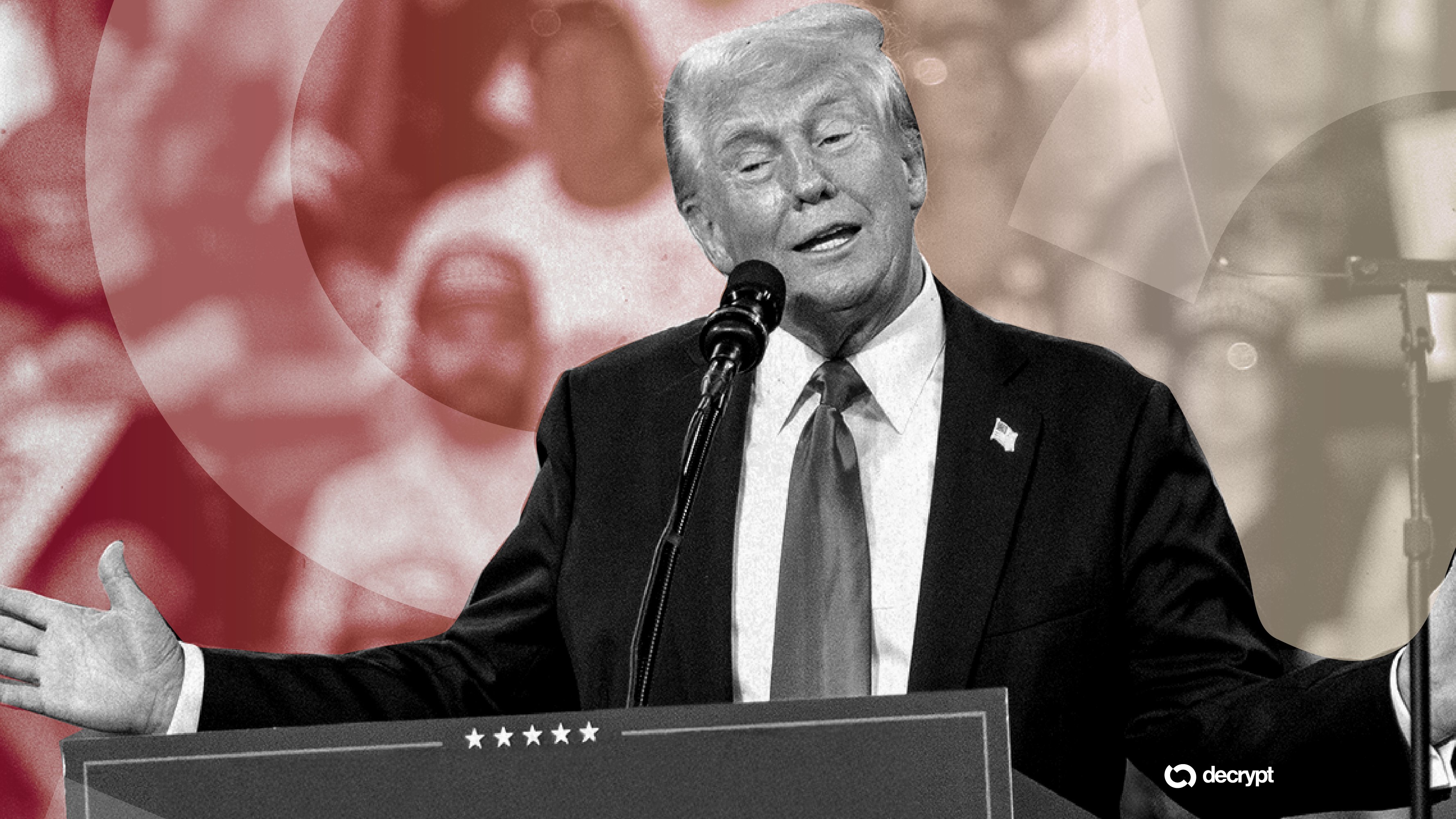 A black-and-white image shows a man in a suit and tie speaking at a podium with five stars, gesturing with open hands against a red-toned blurred background, with a "decrypt" logo in the corner.