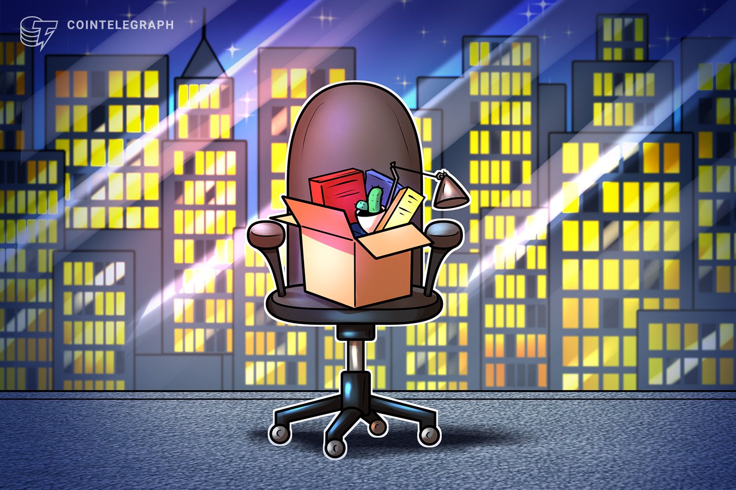 A Cointelegraph illustration shows an office chair holding an open cardboard box filled with personal belongings, set against a nighttime city skyline with illuminated skyscrapers.