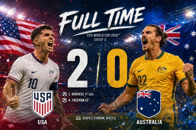 A graphic displays "FULL TIME FIFA World Cup 2026 Group D" showing USA defeating Australia 2-0, featuring players in USA #10 and Australia #22 jerseys, with goalscorers C. Burgess and A. Freeman listed.
