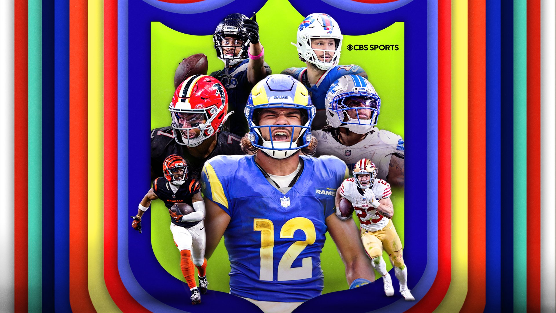 A CBS Sports graphic collage displays multiple NFL players in various team uniforms arranged within a colorful striped frame.