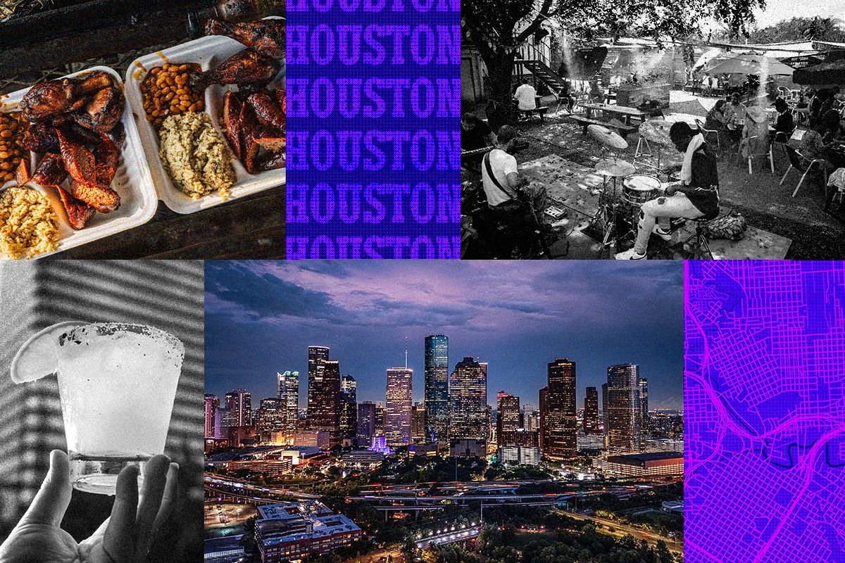 A collage shows takeout soul food trays, the word "HOUSTON" repeated in purple, a live band performing outdoors, a hand holding a margarita, an illuminated downtown skyline at dusk, and a purple city street map.