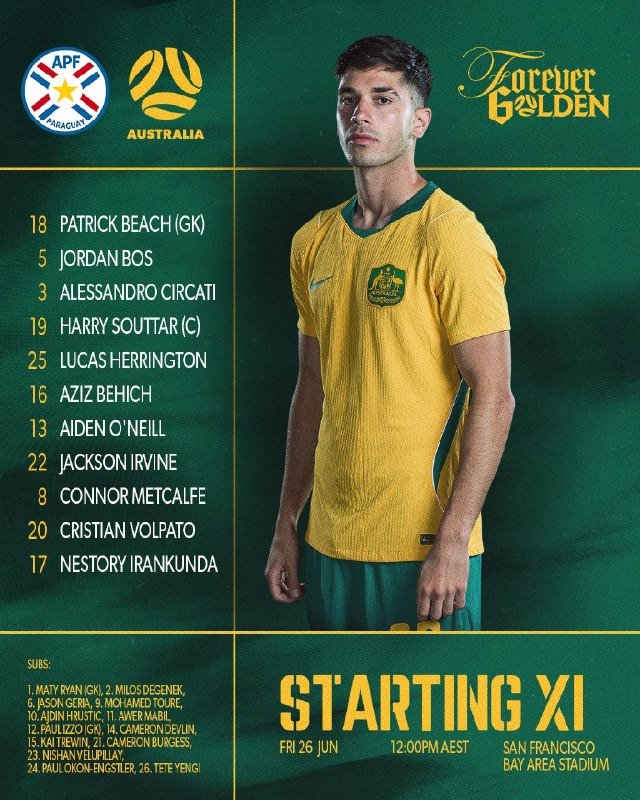 A graphic displays Australia's Starting XI lineup featuring a player in a yellow jersey, with APF Paraguay and Australia team logos, against a green background, dated Friday 26 June at San Francisco Bay Area Stadium.