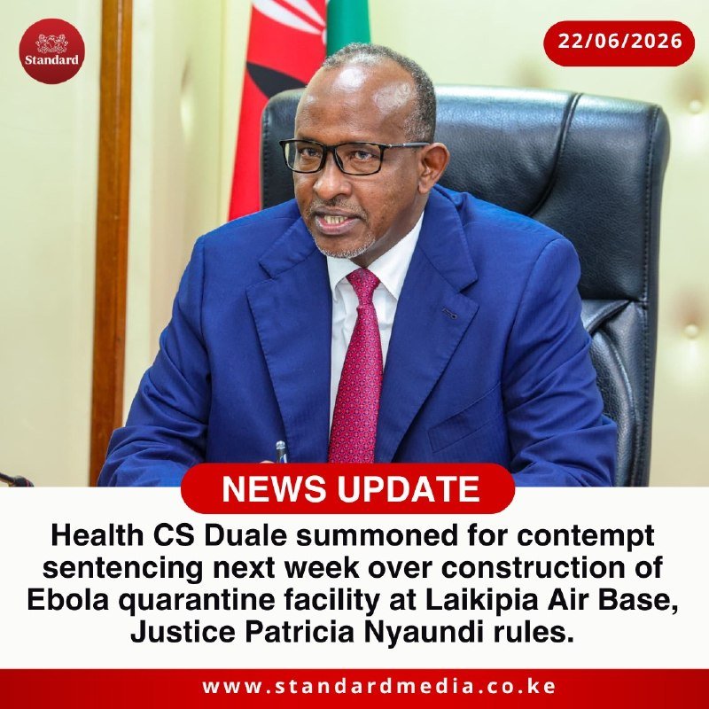 A graphic displays a man in a blue suit and glasses seated at a desk with a flag behind him, captioned "NEWS UPDATE" about a Health CS contempt sentencing dated 22/06/2026.