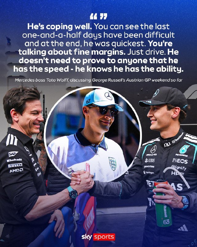 A Sky Sports graphic featuring a quote from a Mercedes boss discussing a driver's Austrian Grand Prix weekend, alongside an inset photo of a driver in a cap.