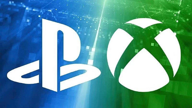 Illustration showing the white PlayStation and Xbox logos side by side against a split blue and green digital background.