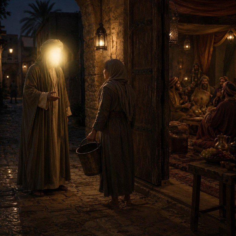 A glowing figure in a white robe gestures toward a woman holding a bucket outside a lantern-lit stone building, while robed men gather at a banquet table inside.