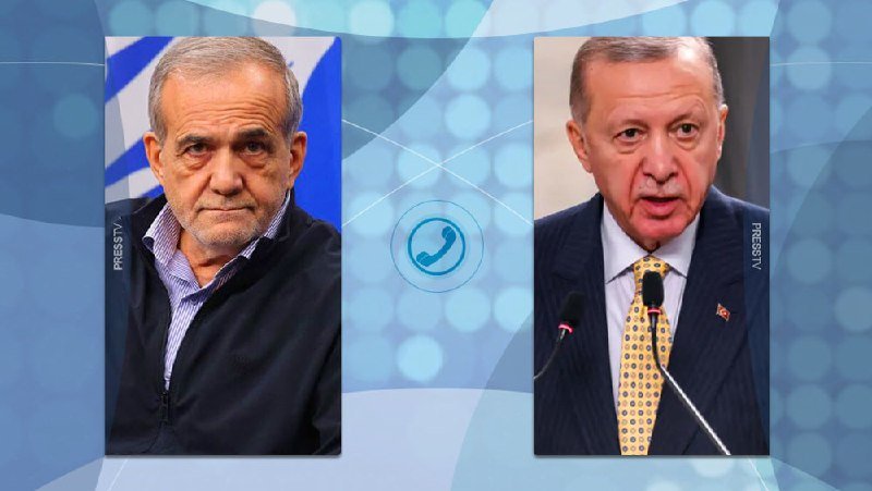 Split-screen graphic shows two men in separate photos, with a phone icon between them, "PRESS TV" watermarks, and a blue dotted background.
