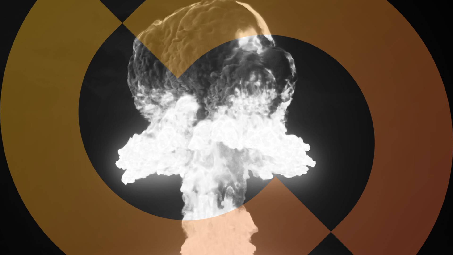 A graphic illustration shows a white mushroom cloud explosion overlaid with geometric orange and black circular shapes against a dark background.
