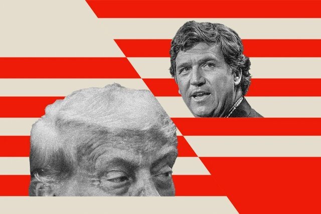 A black-and-white illustrated graphic shows a man's head above a classical sculpted head against a red and cream striped background.