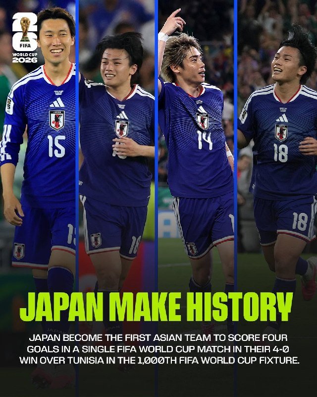 Promotional graphic featuring four Japan national football team players in blue jerseys with text reading "JAPAN MAKE HISTORY" and details about their 4-0 World Cup win.