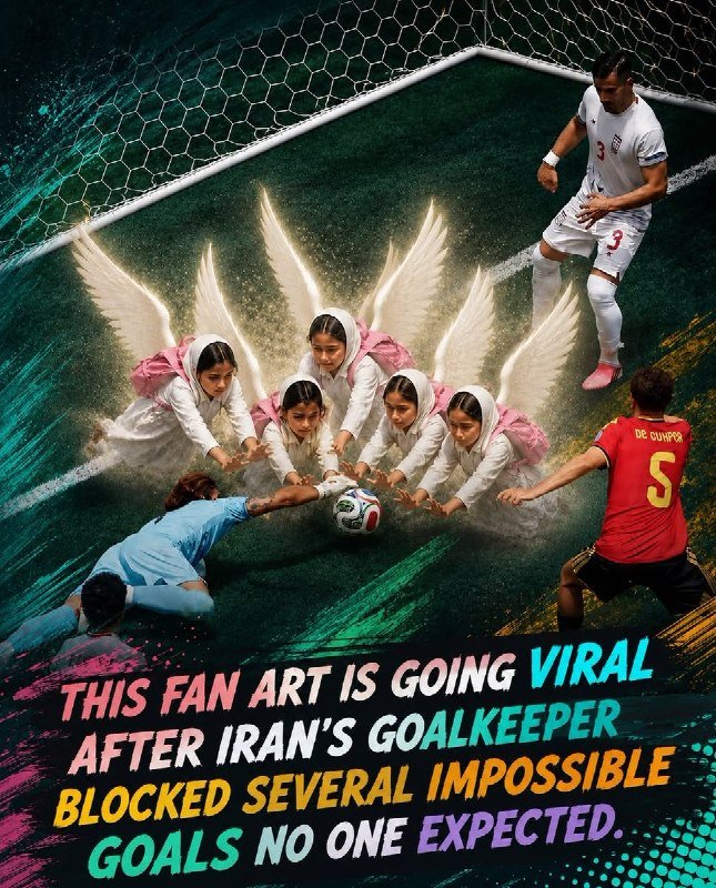 Digital illustration showing five winged figures with flowing hair blocking a soccer ball on goal, watched by a goalkeeper and two players, with text reading "THIS FAN ART IS GOING VIRAL AFTER IRAN'S GOALKEEPER BLOCKED SEVERAL IMPOSSIBLE GOALS NO ONE EXPECTED."