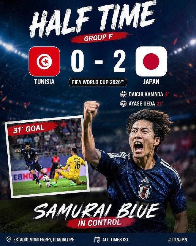 A graphic displays "HALF TIME" with Tunisia trailing Japan 0-2 in a FIFA World Cup 2026 Group F match, featuring a celebrating Japanese player and a smaller inset labeled "31' GOAL."