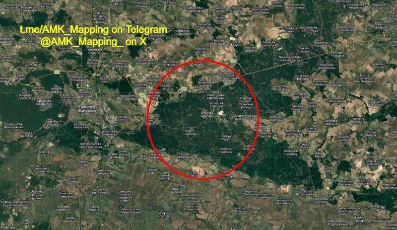 A satellite map displays green and brown terrain with a large red circle highlighting a central area, labeled with Telegram and X social media handles for "AMK_Mapping."