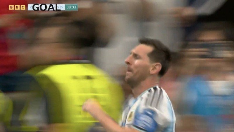 A soccer player in a light blue and white striped Argentina jersey runs in celebration, with a "BBC GOAL 38:03" graphic displayed in the top left corner.
