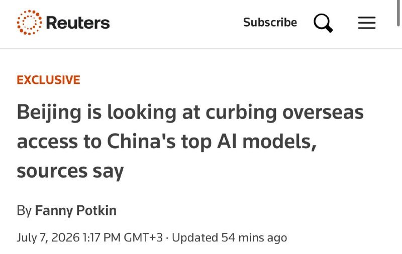 A Reuters webpage displays an "EXCLUSIVE" headline reading "Beijing is looking at curbing overseas access to China's top AI models, sources say," attributed to Fanny Potkin.