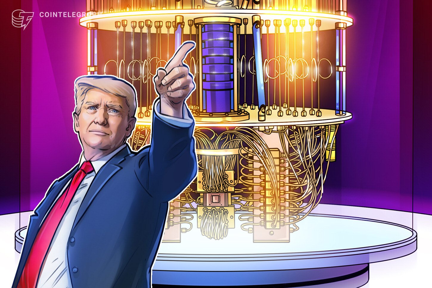 Illustration showing a blond man in a blue suit and red tie pointing upward beside a large gold-colored quantum computer, with the Cointelegraph logo in the corner.
