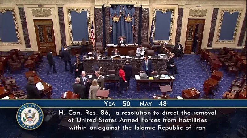 A U.S. Senate chamber shows senators gathered at desks with a vote tally of "Yea 50 Nay 48" displayed for H. Con. Res. 86 regarding removal of Armed Forces from hostilities against Iran.