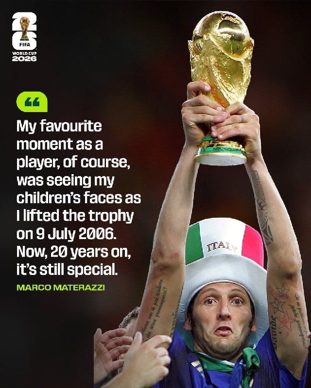A tattooed soccer player wearing an Italy jersey and trophy hat hoists the gold FIFA World Cup trophy overhead while a quote attributed to Marco Materazzi appears beside him.