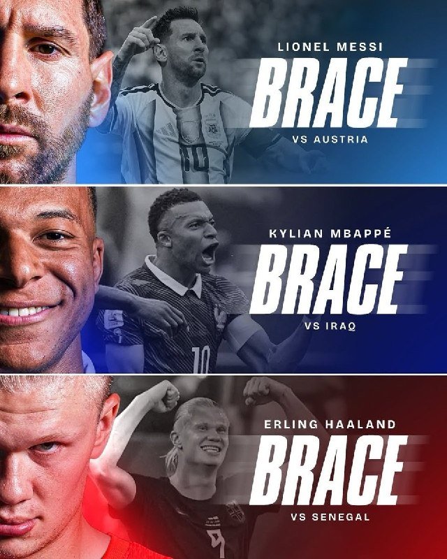 A promotional graphic featuring three soccer players labeled "LIONEL MESSI," "KYLIAN MBAPPÉ," and "ERLING HAALAND," each accompanied by the text "BRACE vs" Austria, Iraq, and Senegal respectively.