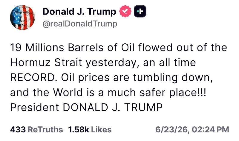 A Truth Social post by Donald J. Trump (@realDonaldTrump) dated 6/23/26 claims a record 19 million barrels of oil flowed through the Hormuz Strait, with 433 ReTruths and 1.58k likes.