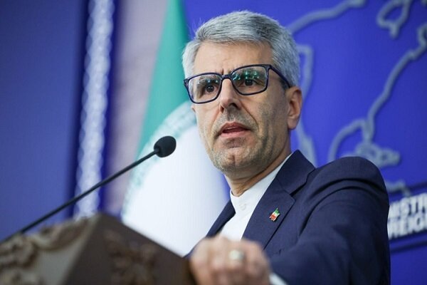 A gray-haired man in glasses and a dark suit stands at a podium with a microphone, speaking in front of an Iranian flag and a blue backdrop.