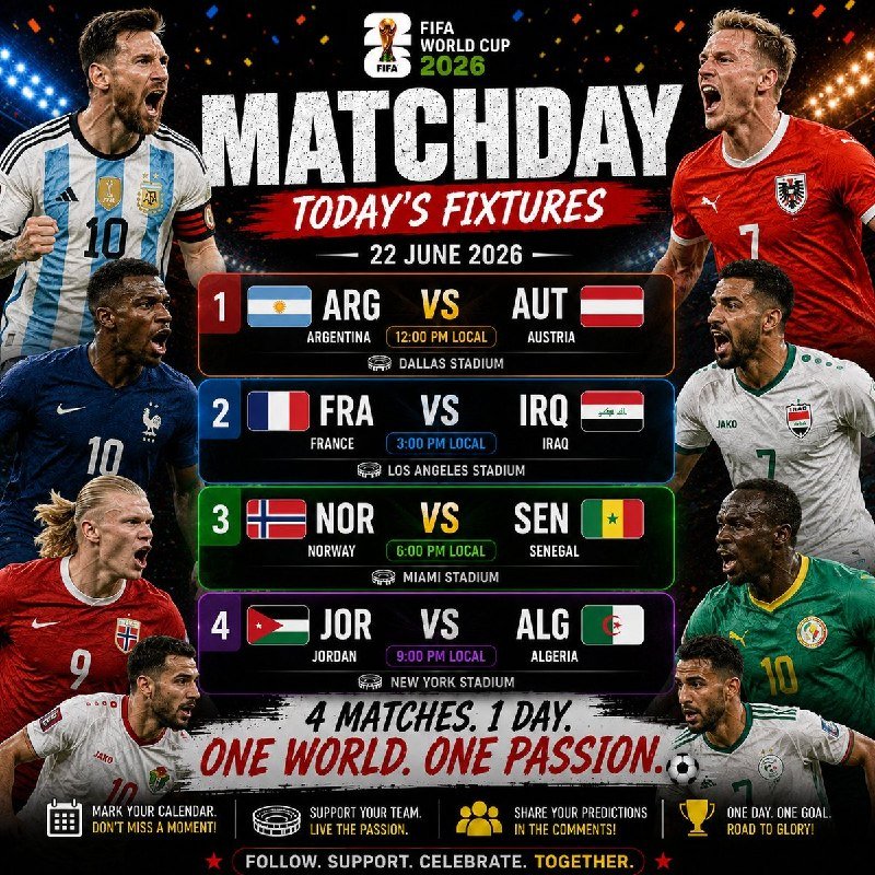 A FIFA World Cup 2026 promotional graphic displays "Matchday Today's Fixtures, 22 June 2026," listing four matches—Argentina vs Austria, France vs Iraq, Norway vs Senegal, and Jordan vs Algeria—with kickoff times and stadium locations.