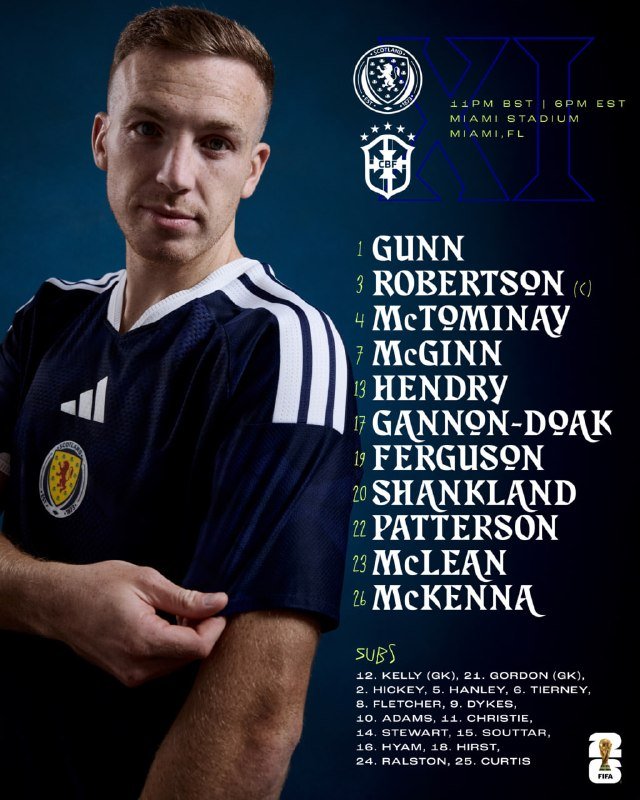 A graphic shows a man in a dark blue Scotland jersey beside a starting lineup listing eleven player names, with kickoff time and Miami Stadium, FL, displayed above.