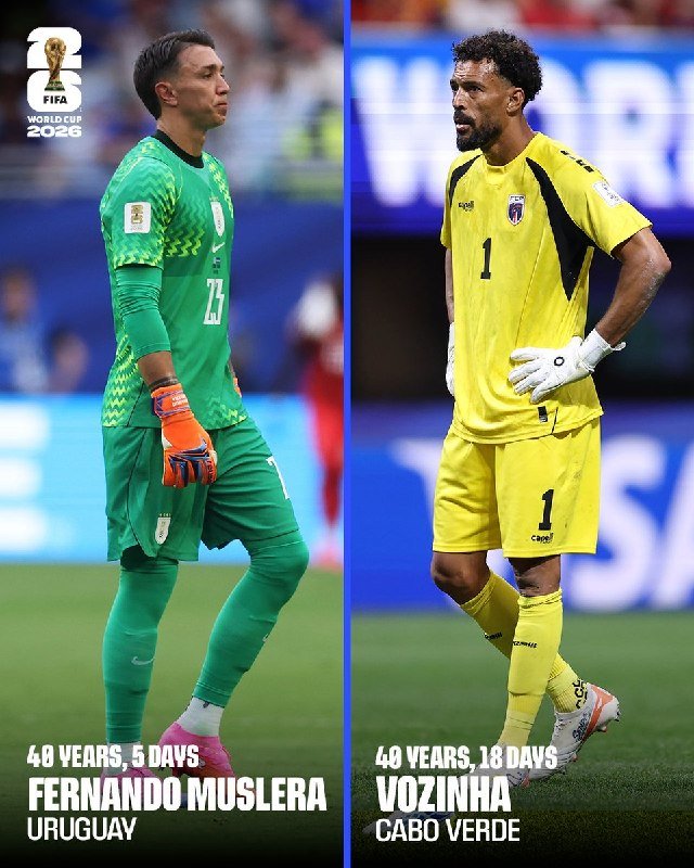 Split graphic showing two goalkeepers in national team kits with text "40 Years, 5 Days - Fernando Muslera, Uruguay" and "40 Years, 18 Days - Vozinha, Cabo Verde" alongside the FIFA World Cup 2026 logo.