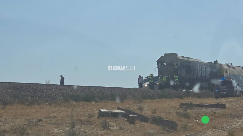 Emergency responders and officials gather beside a derailed train on a raised track under a clear sky, with a police vehicle parked nearby in the dry, scrubby landscape.