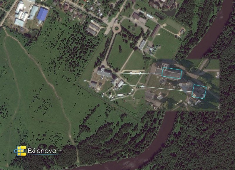 Aerial/satellite image showing a rural riverside area with buildings, fields, and two structures outlined and connected by white lines, with an "Exilenova +" logo in the bottom left.