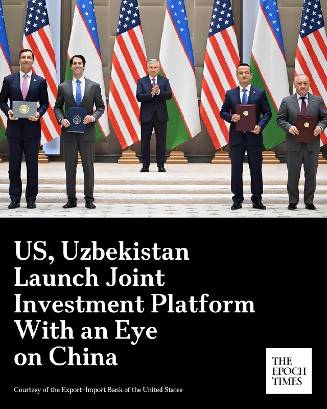 Five men in suits stand before alternating U.S. and Uzbekistani flags, with four holding folders or plaques, beneath a headline reading "US, Uzbekistan Launch Joint Investment Platform With an Eye on China."
