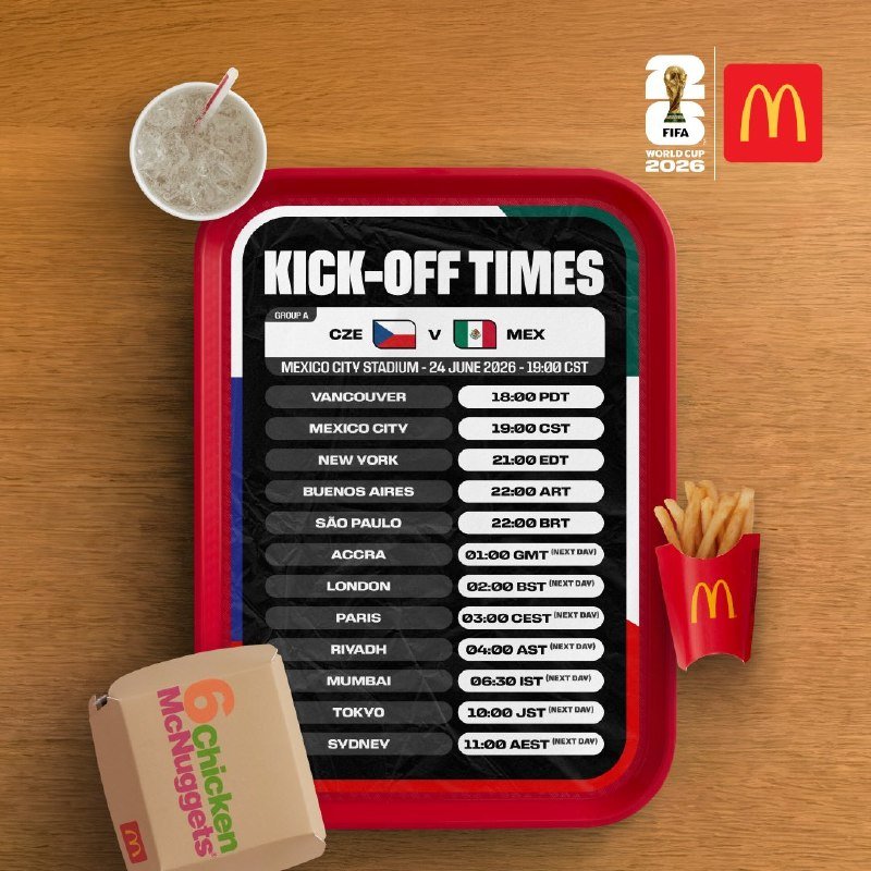 A McDonald's promotional graphic displays kick-off times for the Czech Republic vs. Mexico World Cup 2026 match on June 24, surrounded by 6 Chicken McNuggets, fries, and a drink.